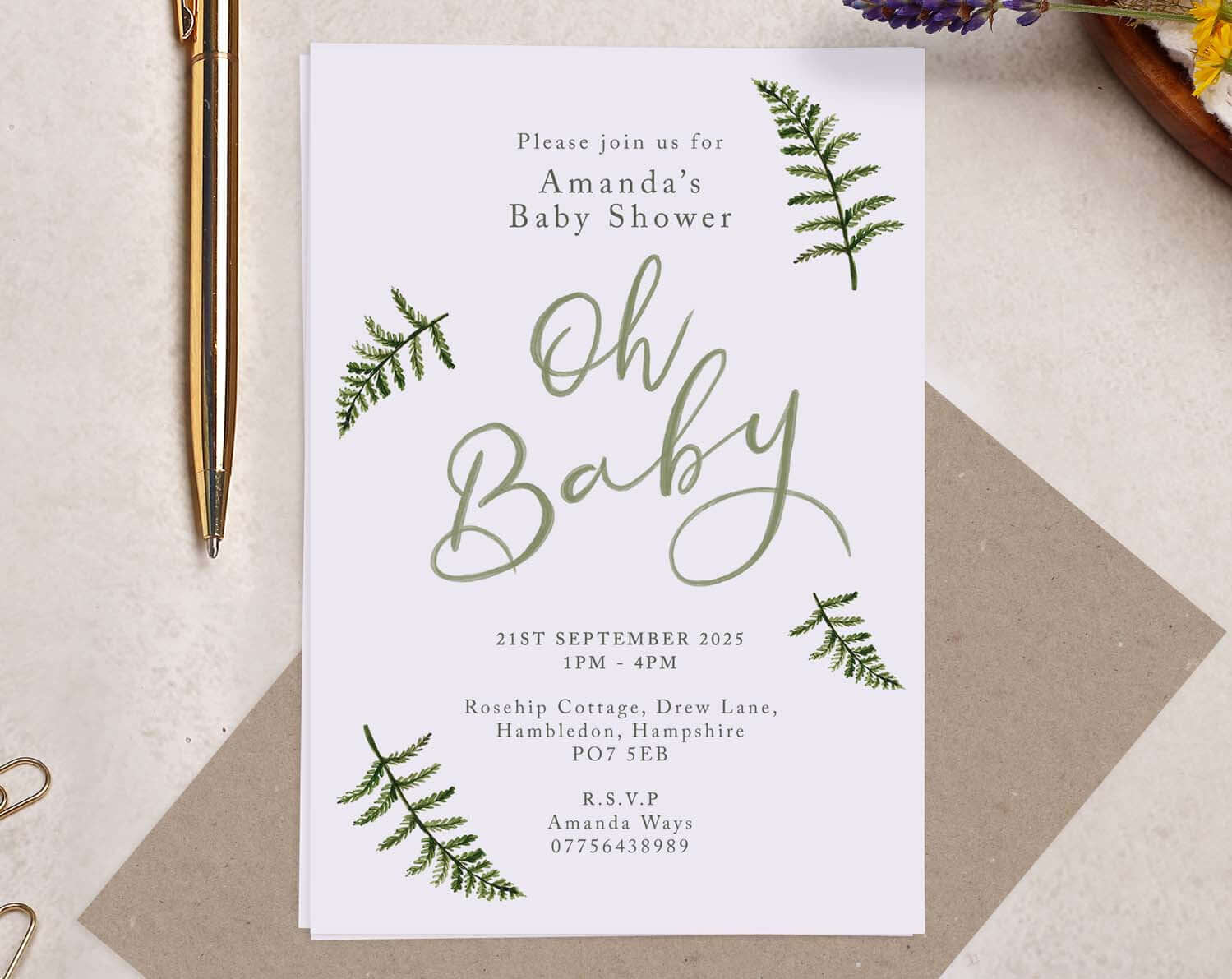 Personalised A6 Botanical Baby Shower Party Invitation