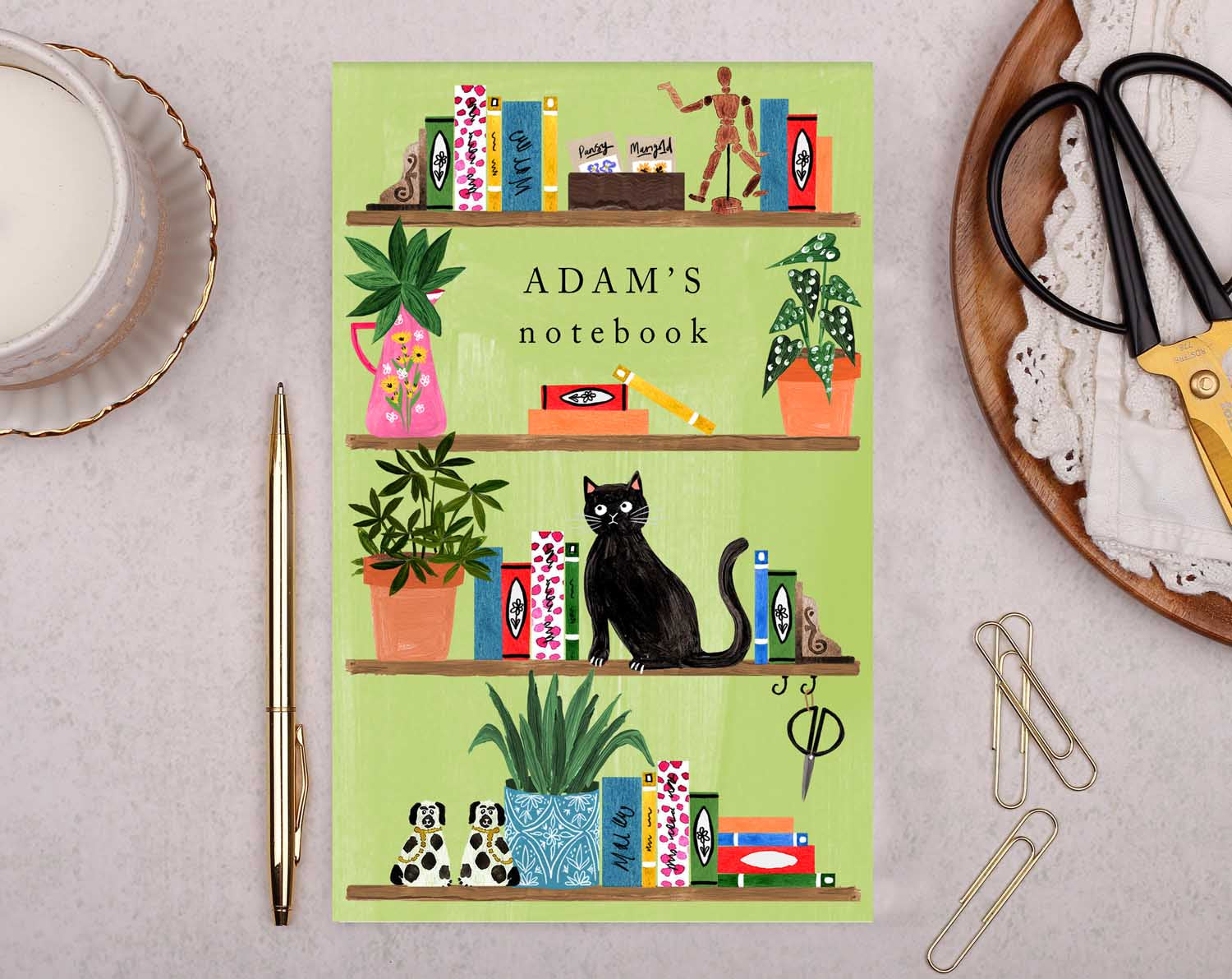 Personalised Cat On Bookshelf Notebook. Notebooks & Notepads designed by Making Meadows