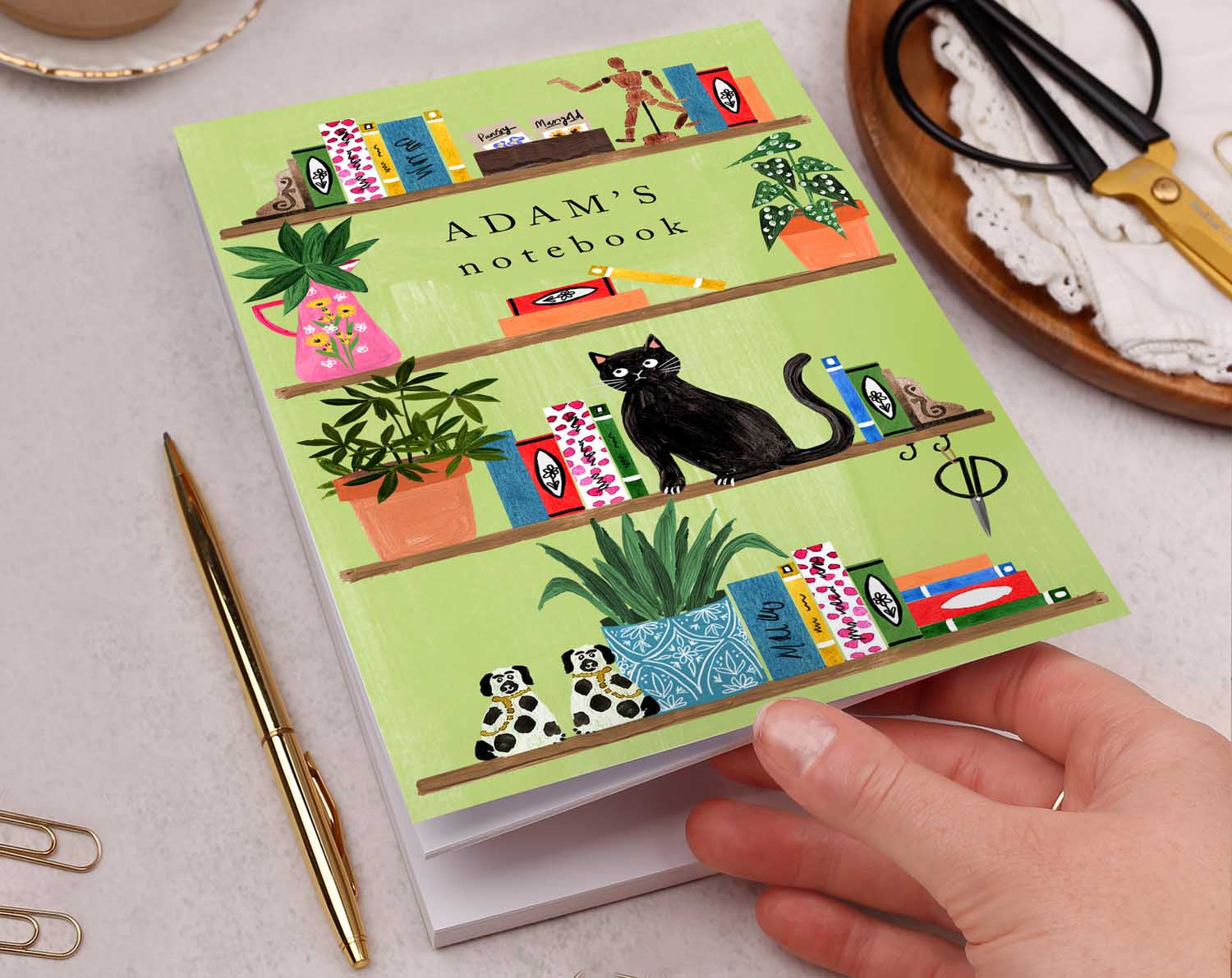 Personalised Cat On Bookshelf Notebook. Notebooks & Notepads designed by Making Meadows