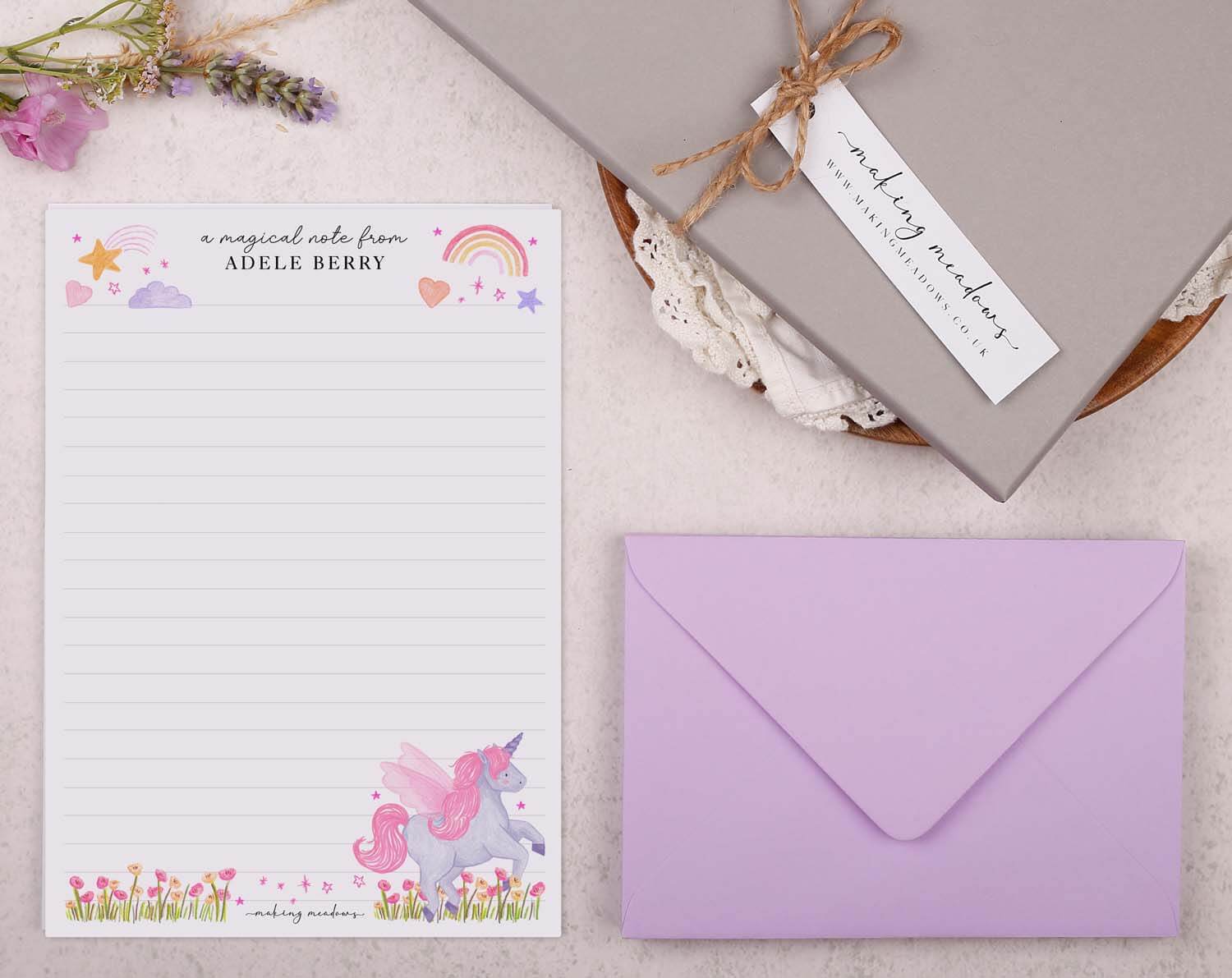 Personalised Children's Stationery Set With Unicorn Design