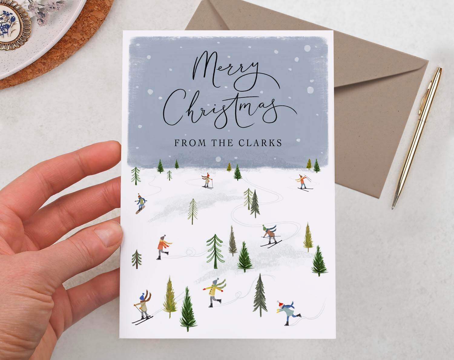 Personalised Christmas Card With Skiing Town. Greeting & Note Cards designed by Making Meadows