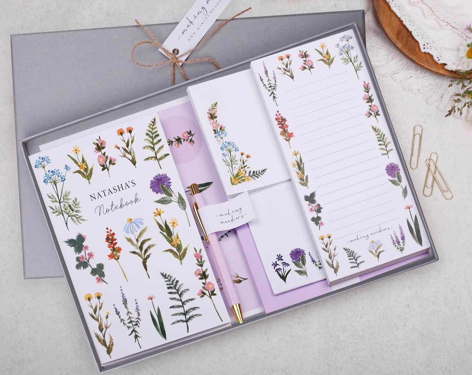 Personalised Lilac Meadow Stationery Box. Notebooks & Notepads designed by Making Meadows