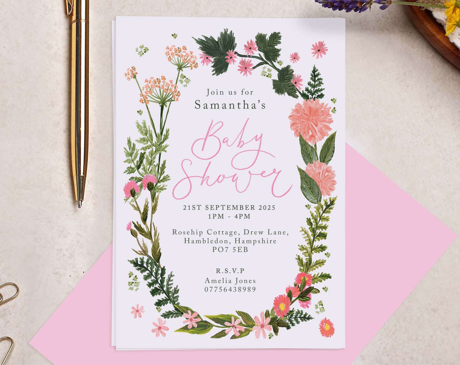 Personalised A6 Pink Floral Baby Shower Party Invitation