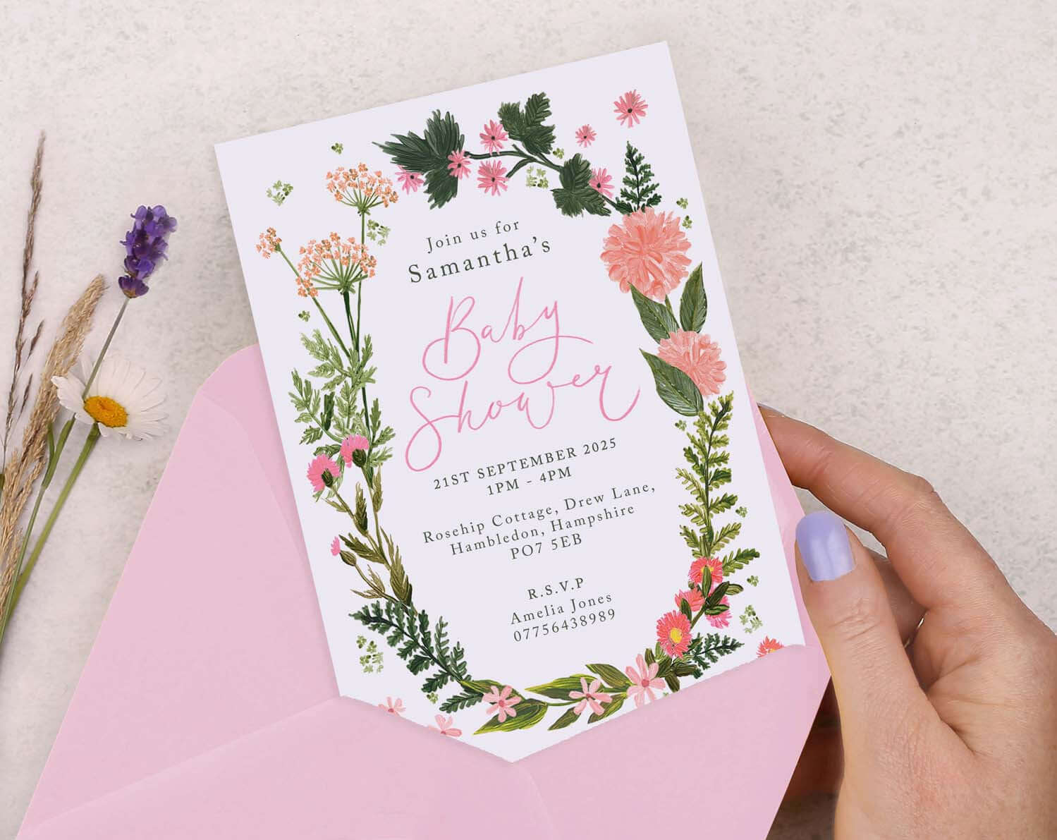 Personalised A6 Pink Floral Baby Shower Party Invitation
