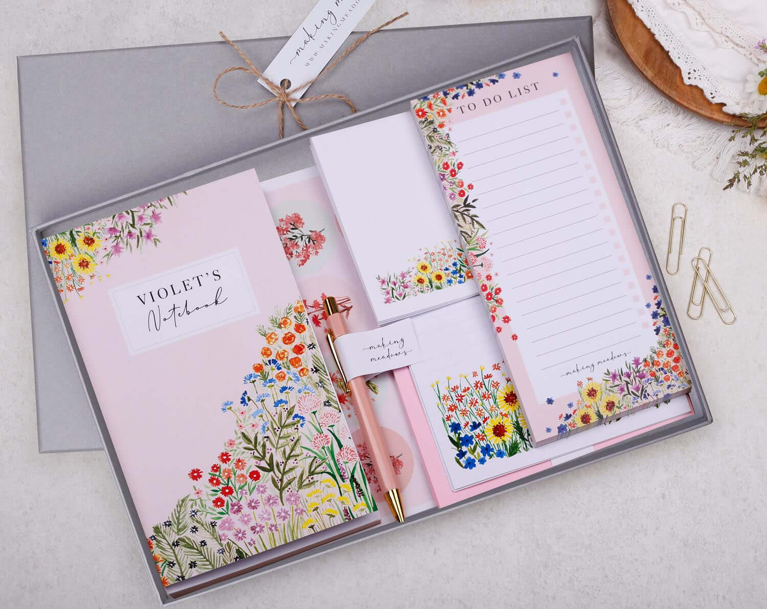 Personalised Pink Flowers Stationery Box. Notebooks & Notepads designed by Making Meadows
