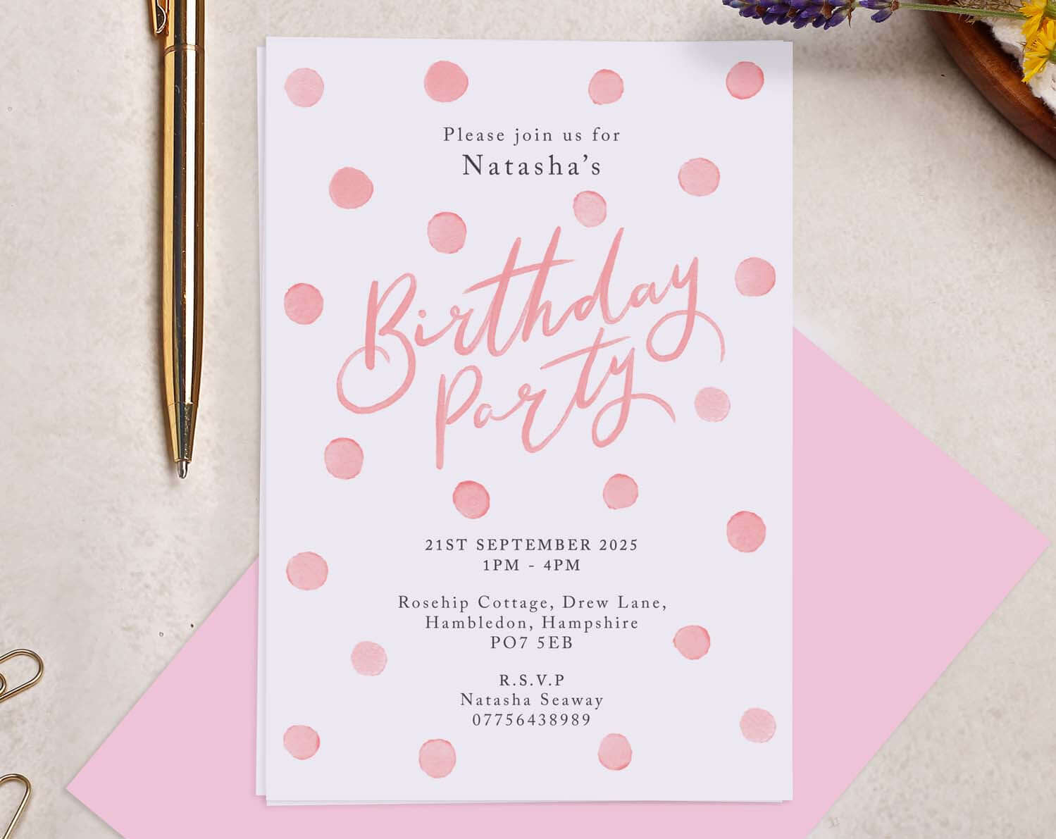 Personalised A6 Pink Polka Dot Birthday Invitation