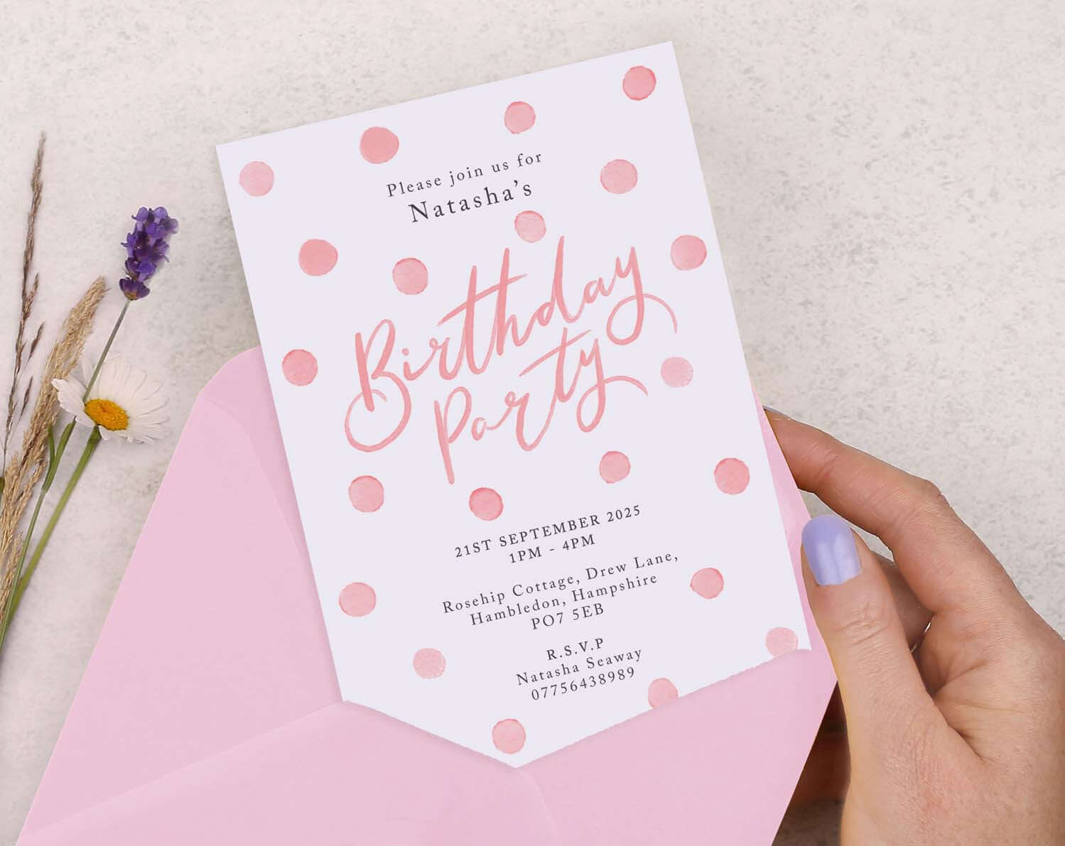 Personalised A6 Pink Polka Dot Birthday Invitation