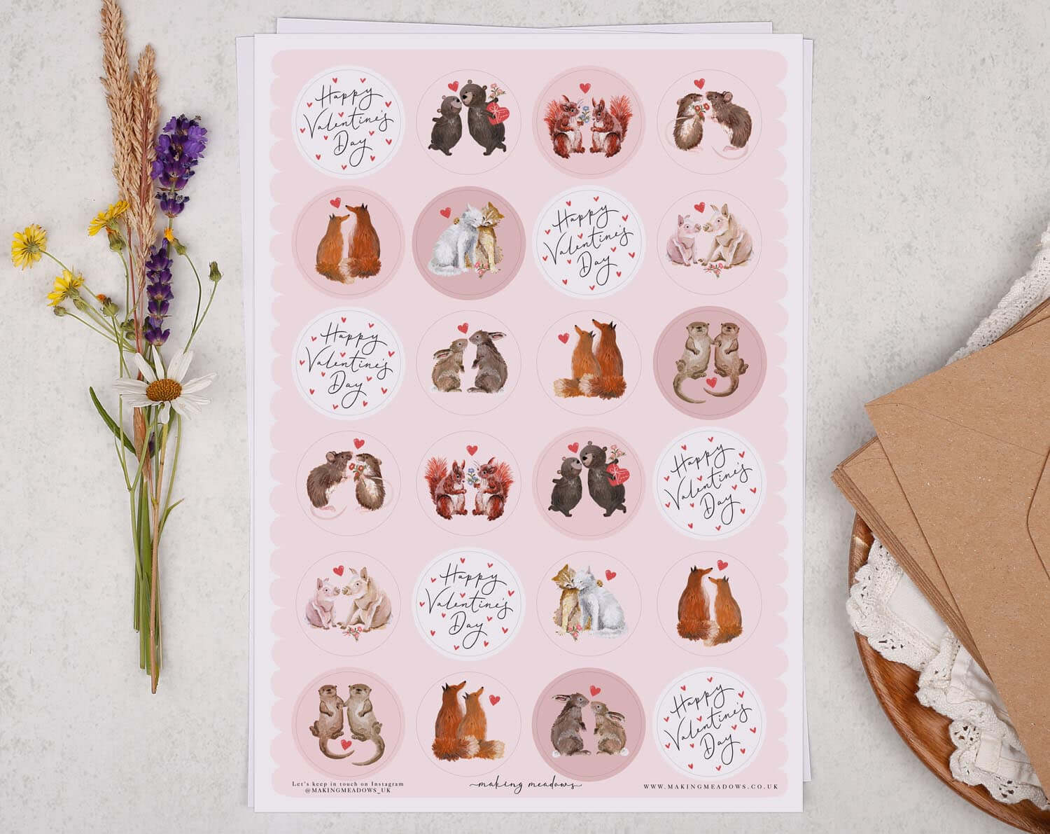 Pink Animal Valentine Sticker Sheet. Decorative Stickers designed by Making Meadows