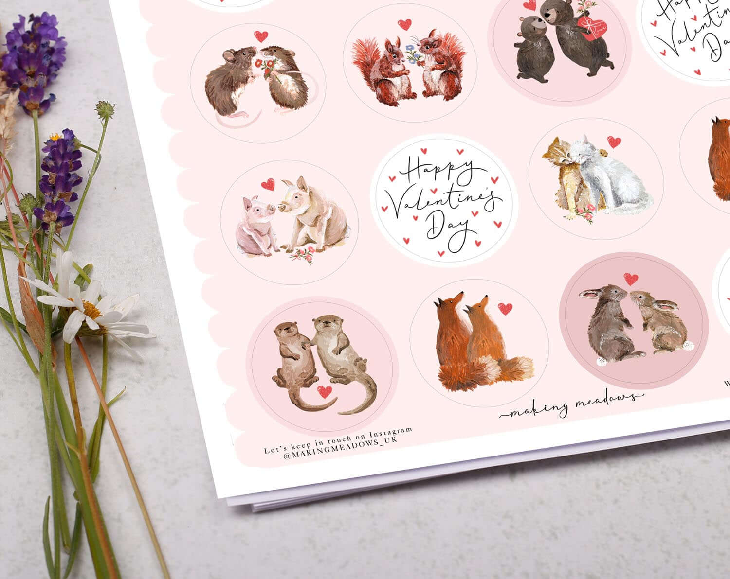 Pink Animal Valentine Sticker Sheet. Decorative Stickers designed by Making Meadows
