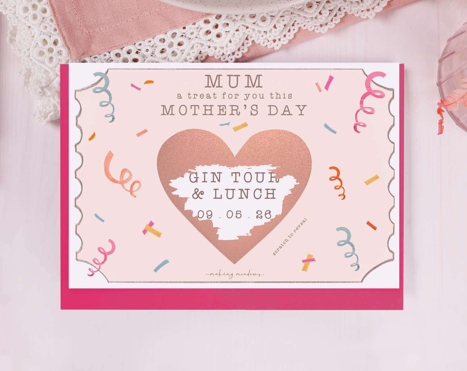 Pink Confetti Mum Gift Reveal Scratch Card. Greeting Cards designed by Making Meadows