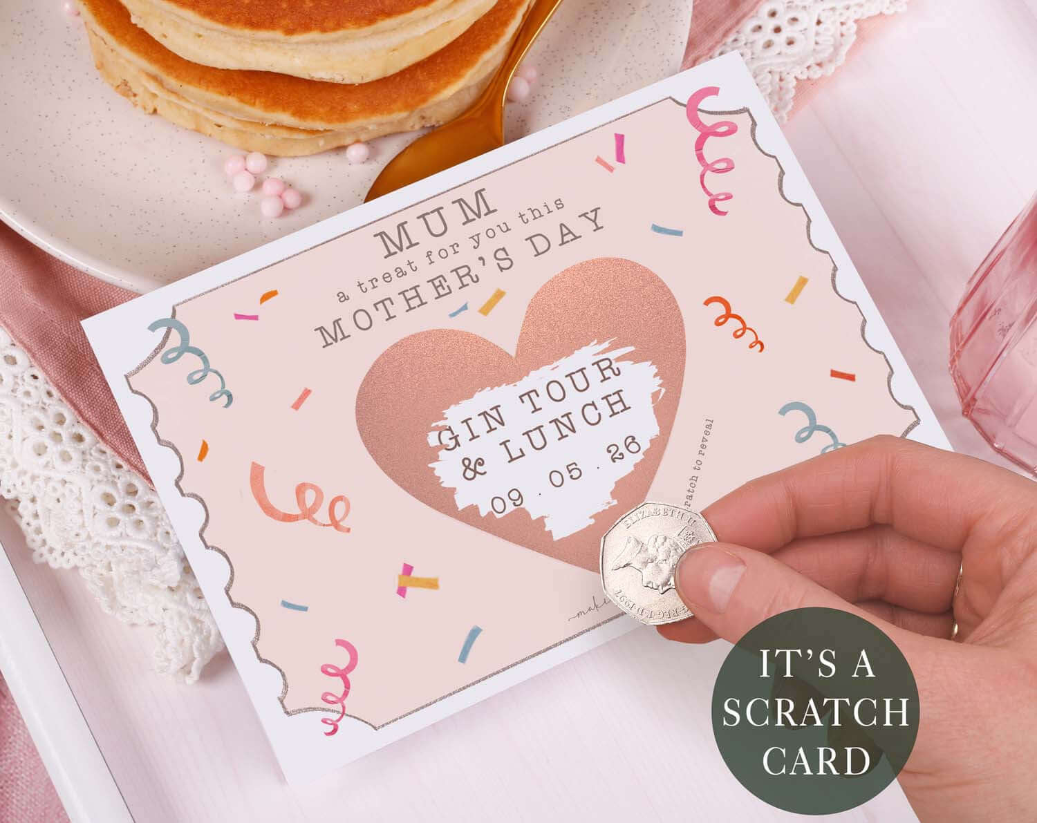Pink Confetti Mum Gift Reveal Scratch Card. Greeting Cards designed by Making Meadows