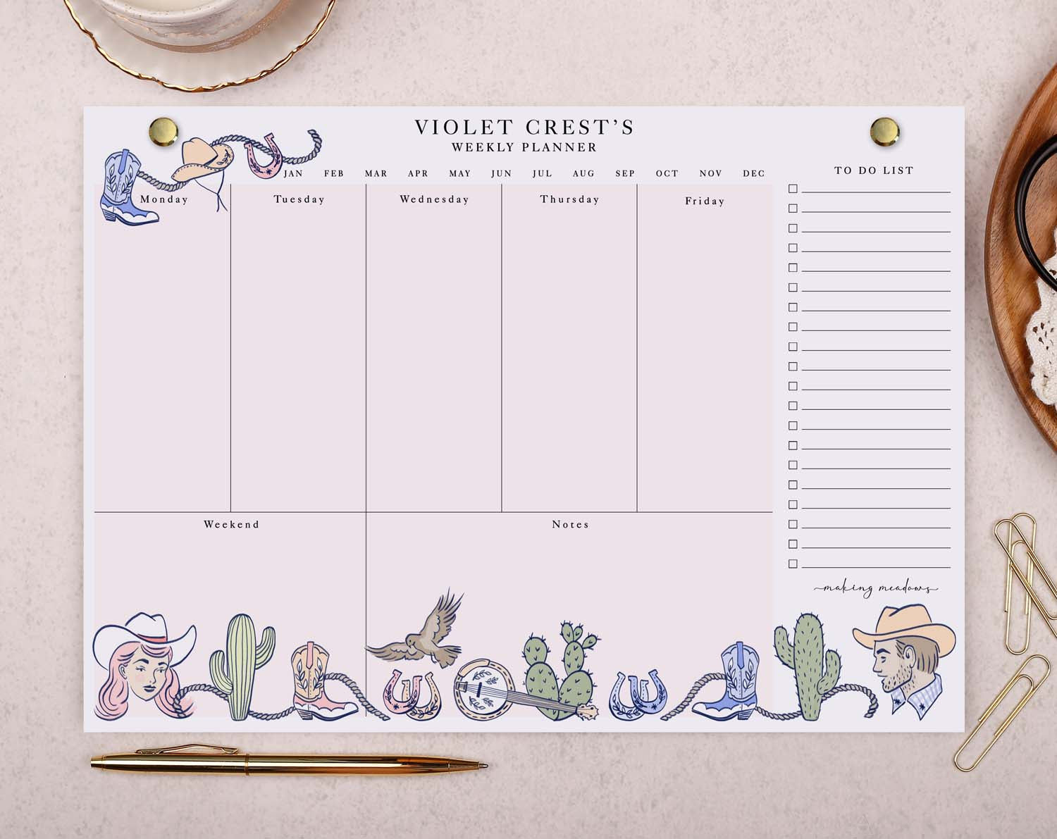 Pink Cowgirl Personalised Weekly Planner Pad. Calendars, Organizers & Planners designed by Making Meadows