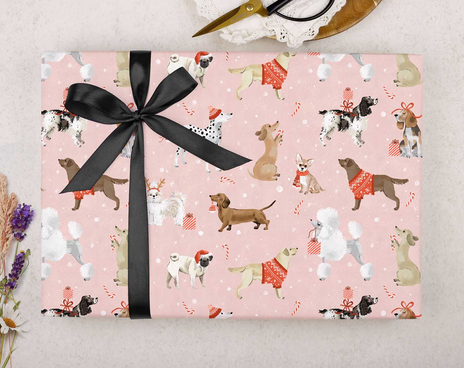 Pink Dog Christmas Wrapping Paper. Wrapping Paper designed by Making Meadows