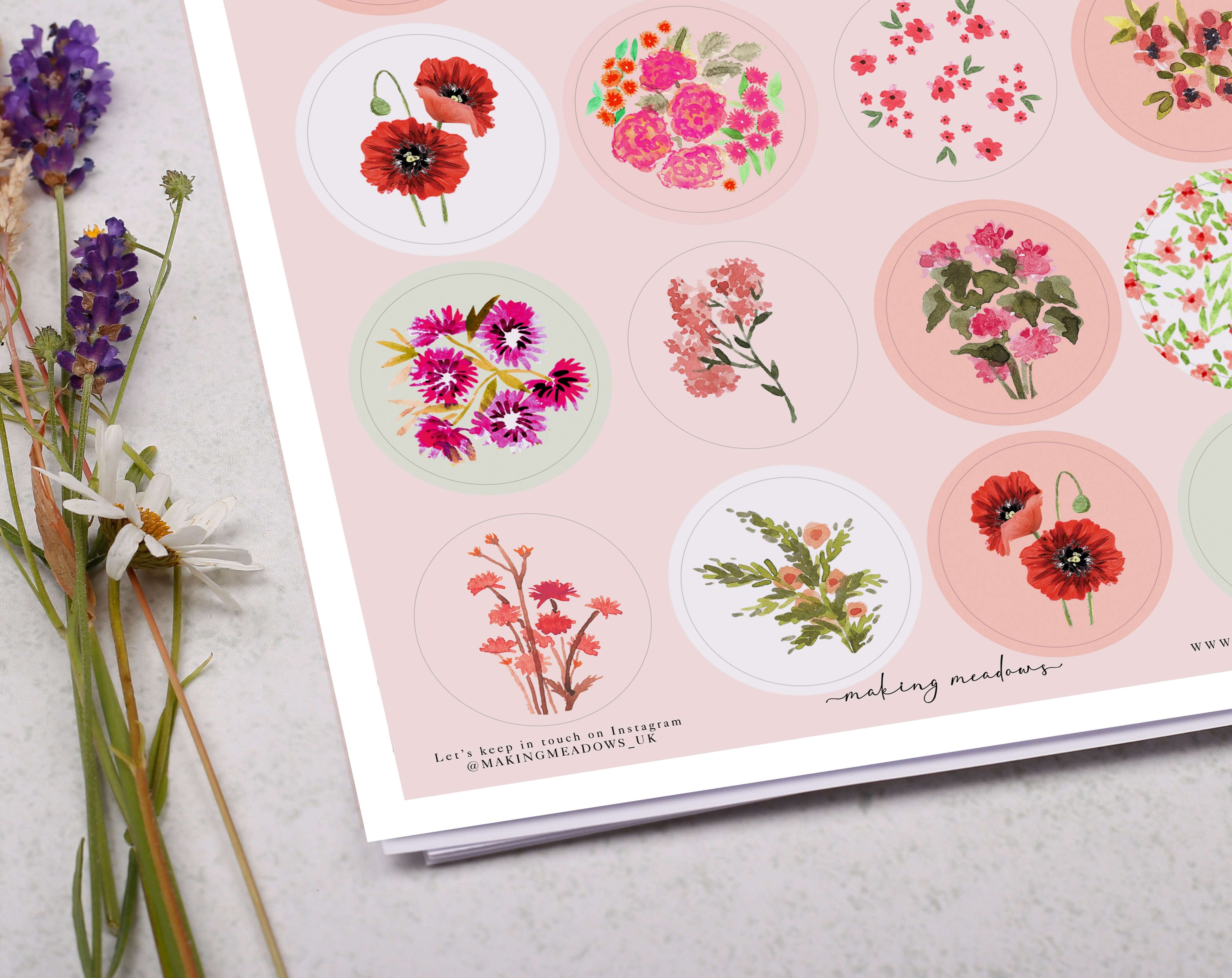 Pink Floral Sticker Sheet. Decorative Stickers designed by Making Meadows