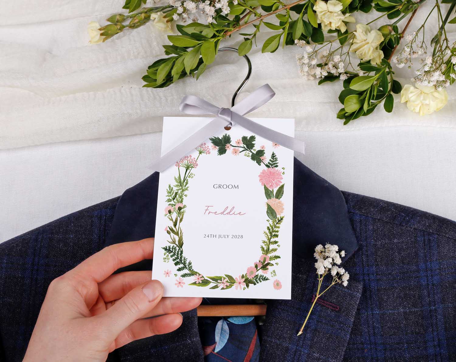 Pink Floral Wedding Hanger Tags for Groom featuring a personalized design and floral details.