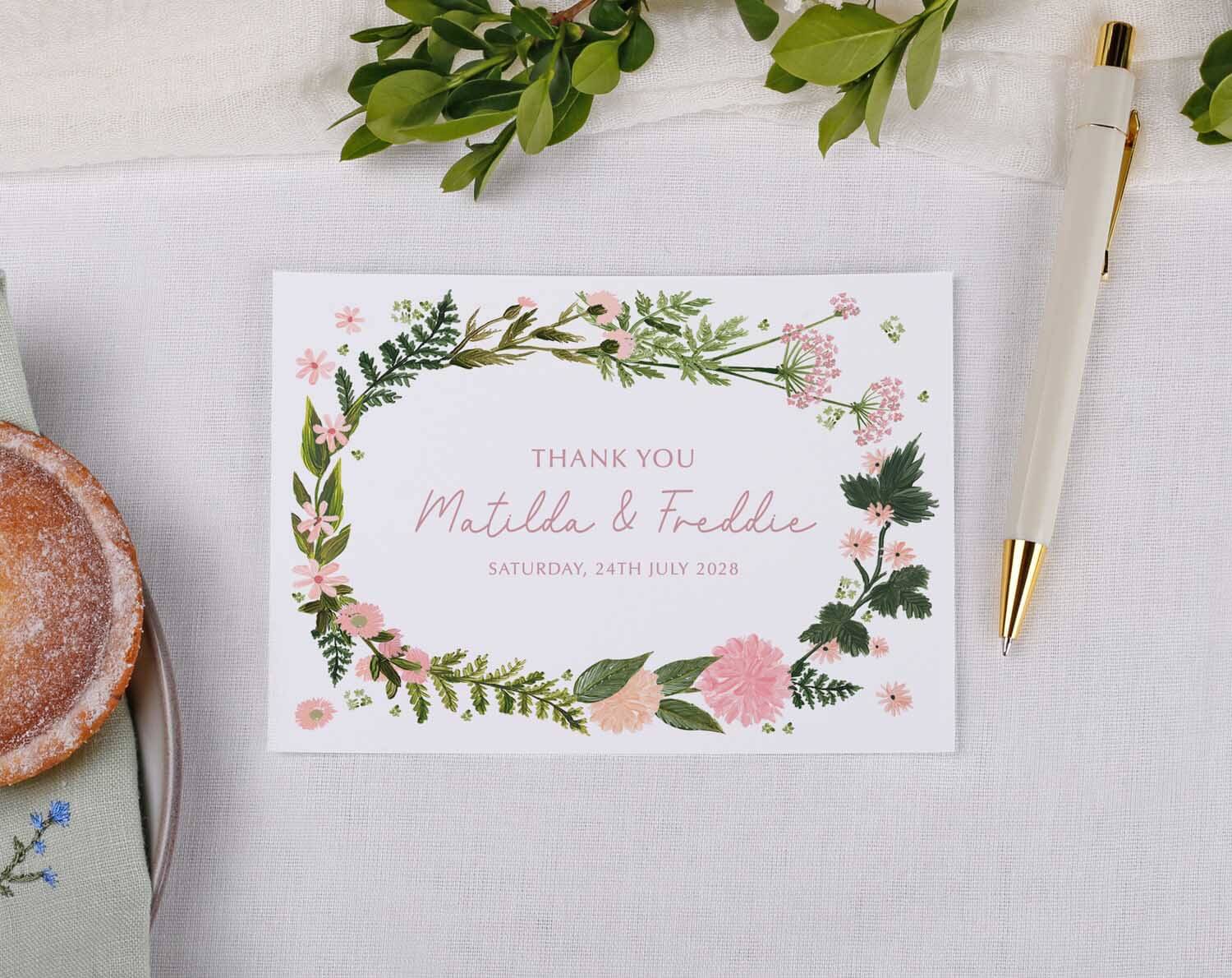 Pink Floral Wedding Thank You Postcards featuring an elegant floral design with names and wedding date.