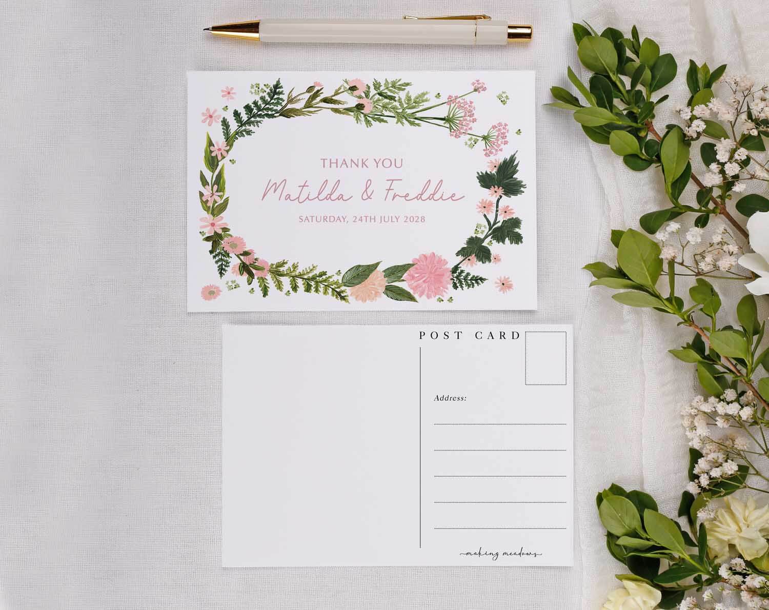 Pink Floral Wedding Thank You Postcards featuring a floral design and personalized message on elegant stationery.
