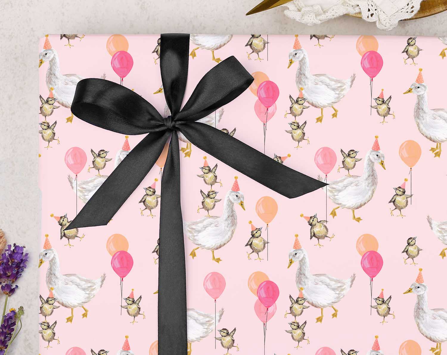 Pink Geese Celebration Wrapping Paper. Wrapping Paper designed by Making Meadows