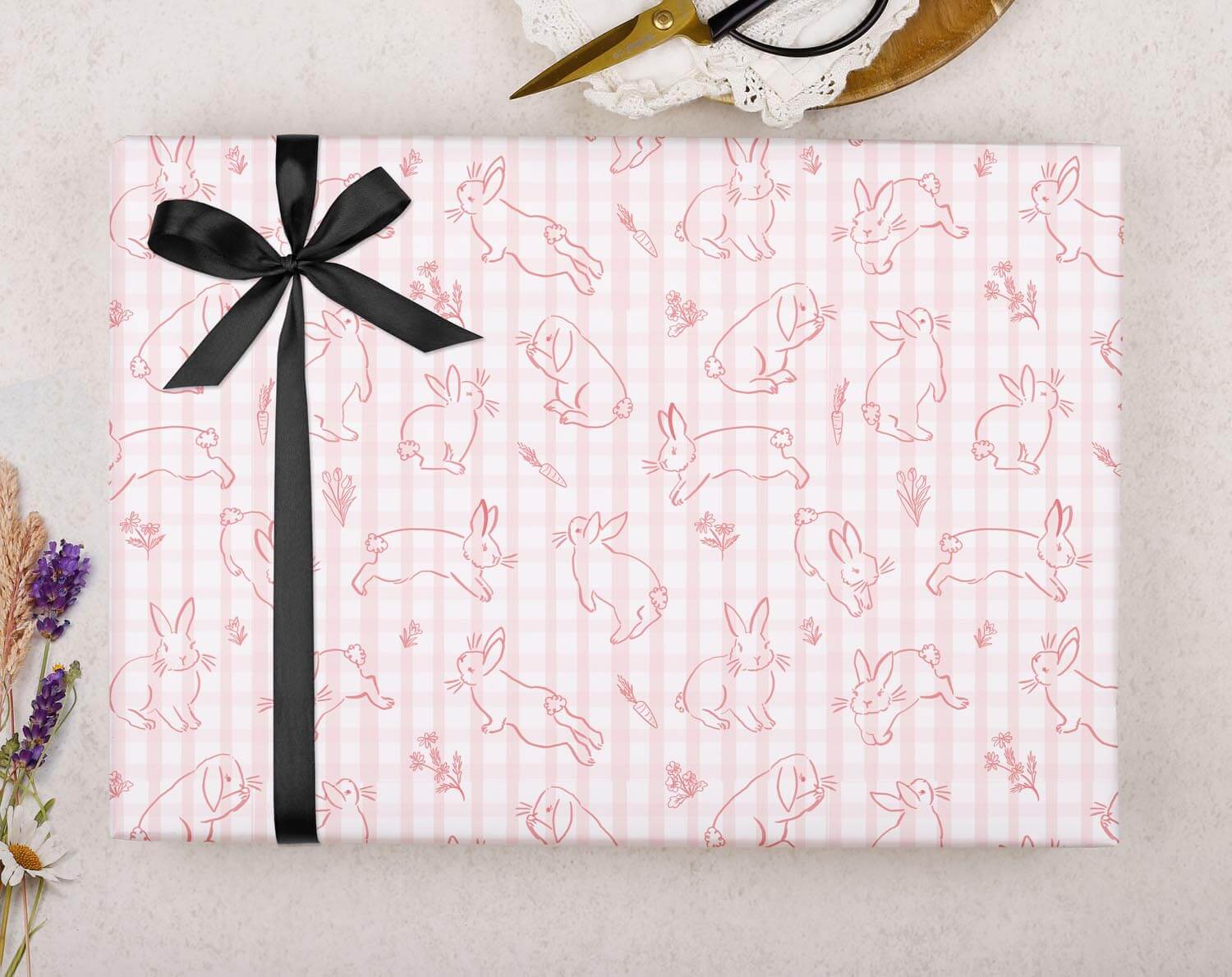 Pink Gingham Bunny Wrapping Paper. Wrapping Paper designed by Making Meadows
