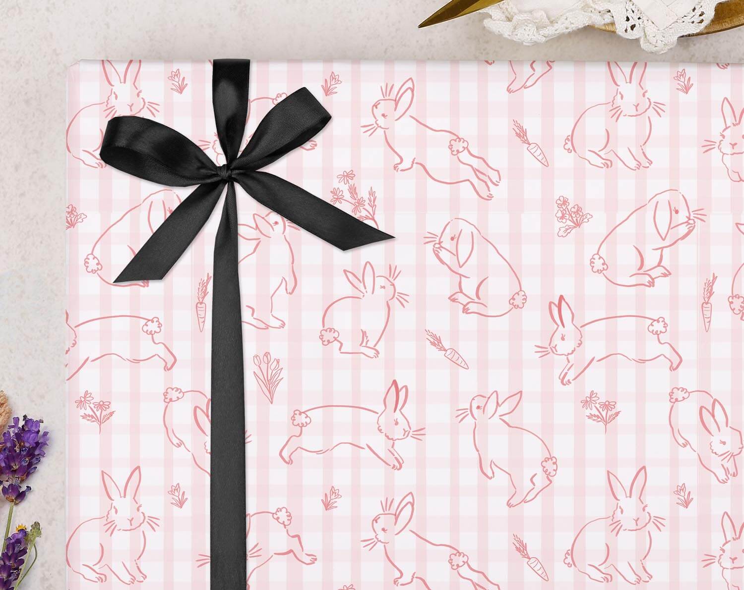 Pink Gingham Bunny Wrapping Paper. Wrapping Paper designed by Making Meadows