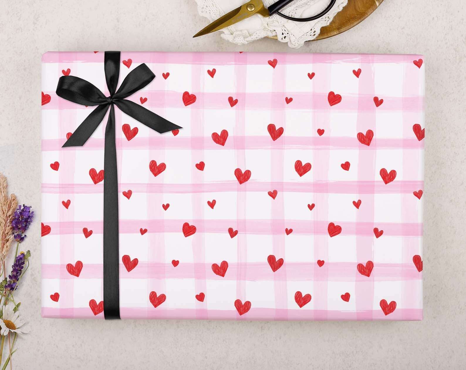 Pink Gingham Heart Valentine Wrapping Paper. Wrapping Paper designed by Making Meadows