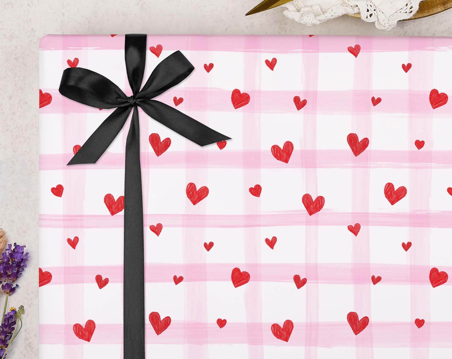 Pink Gingham Heart Valentine Wrapping Paper. Wrapping Paper designed by Making Meadows