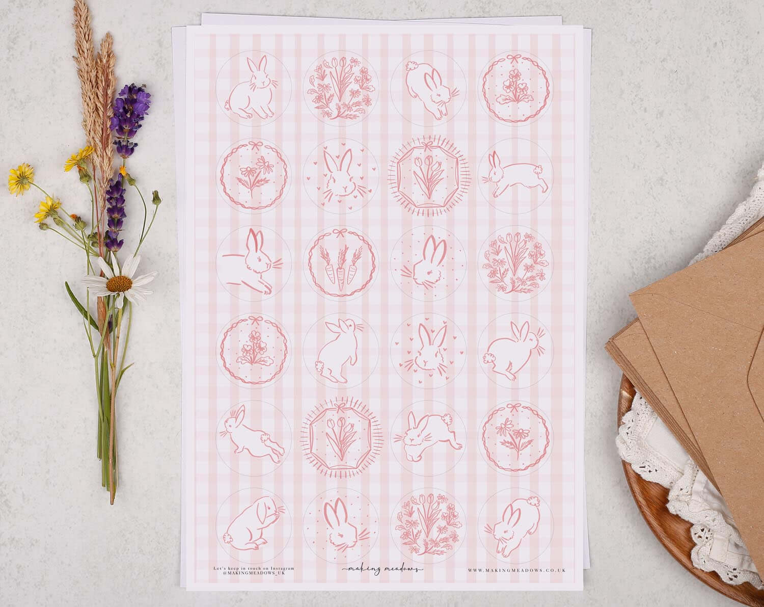 Pink Gingham Rabbit Sticker Sheet. Decorative Stickers designed by Making Meadows