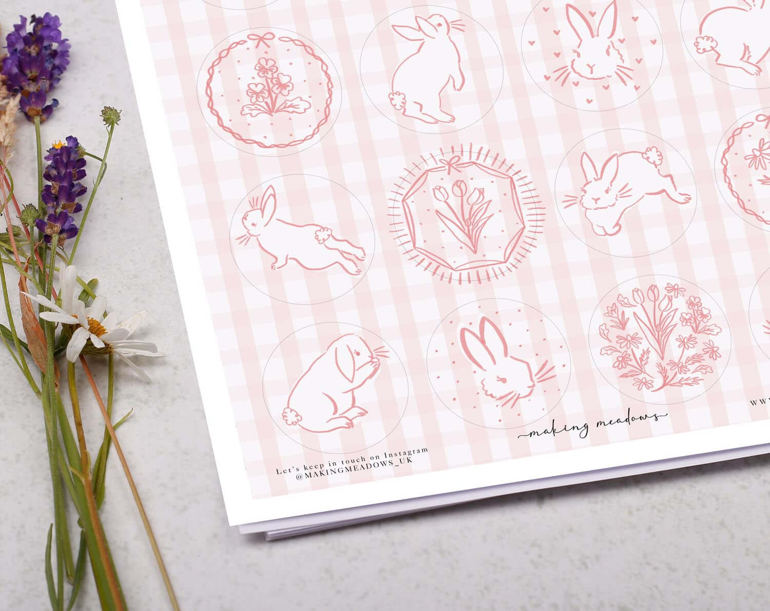 Pink Gingham Rabbit Sticker Sheet. Decorative Stickers designed by Making Meadows