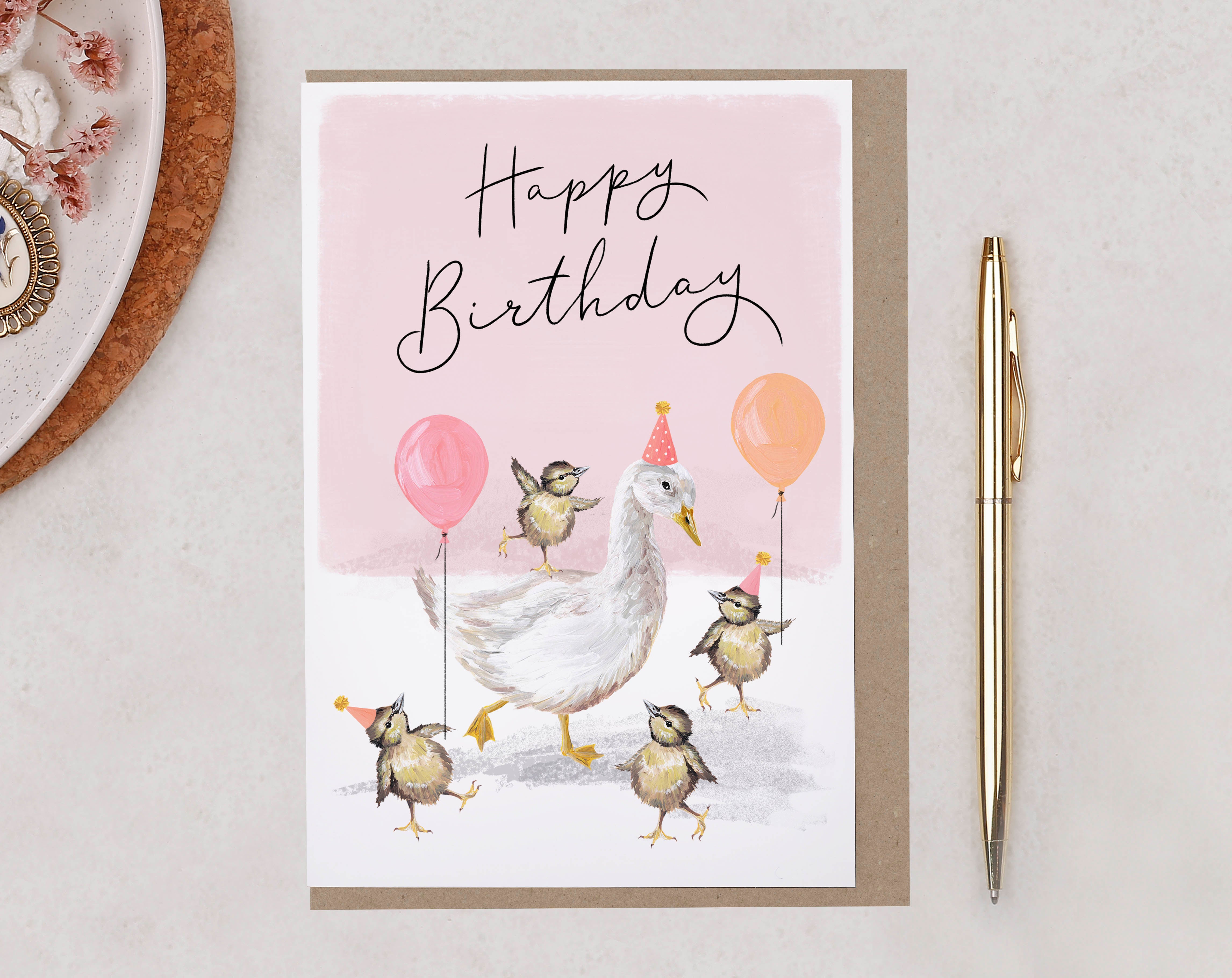 Pink Goose Happy Birthday Card. Greeting & Note Cards designed by Making Meadows