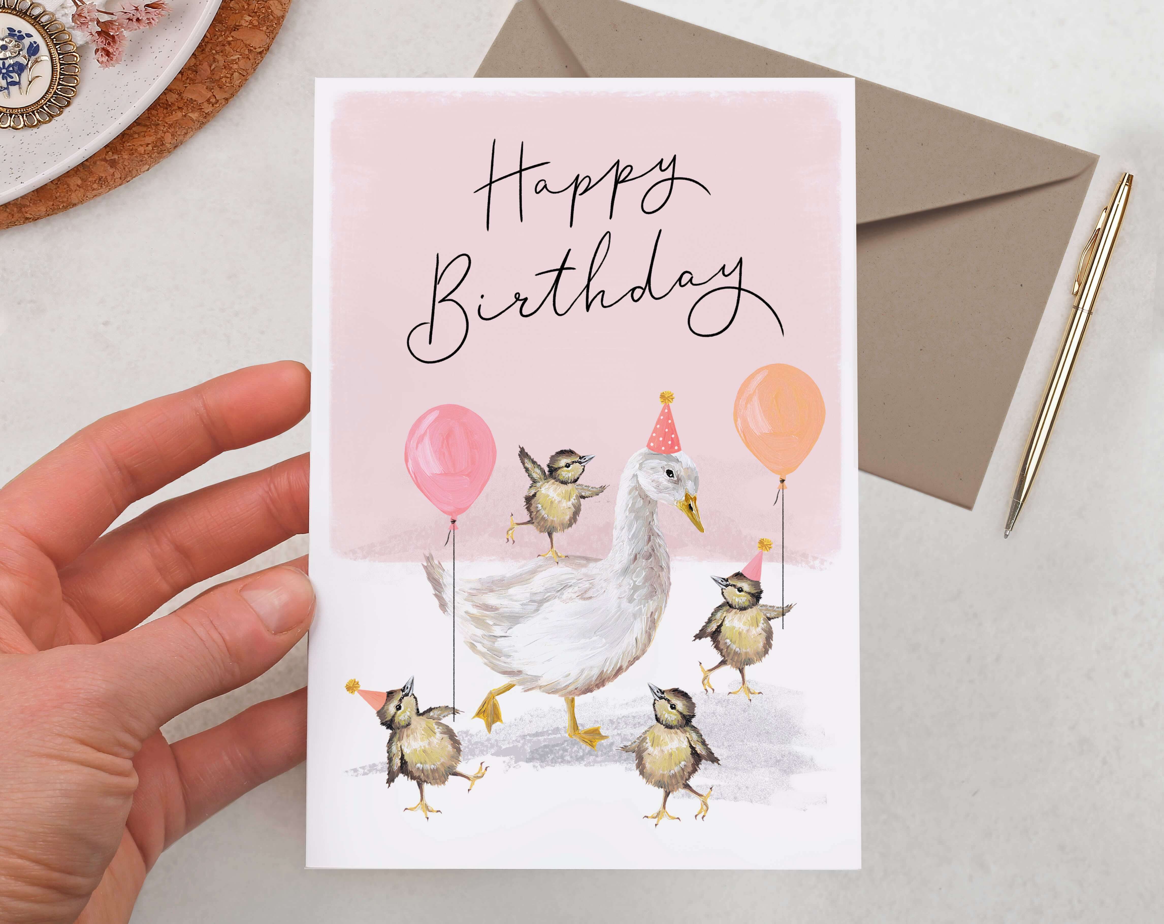 Pink Goose Happy Birthday Card. Greeting & Note Cards designed by Making Meadows