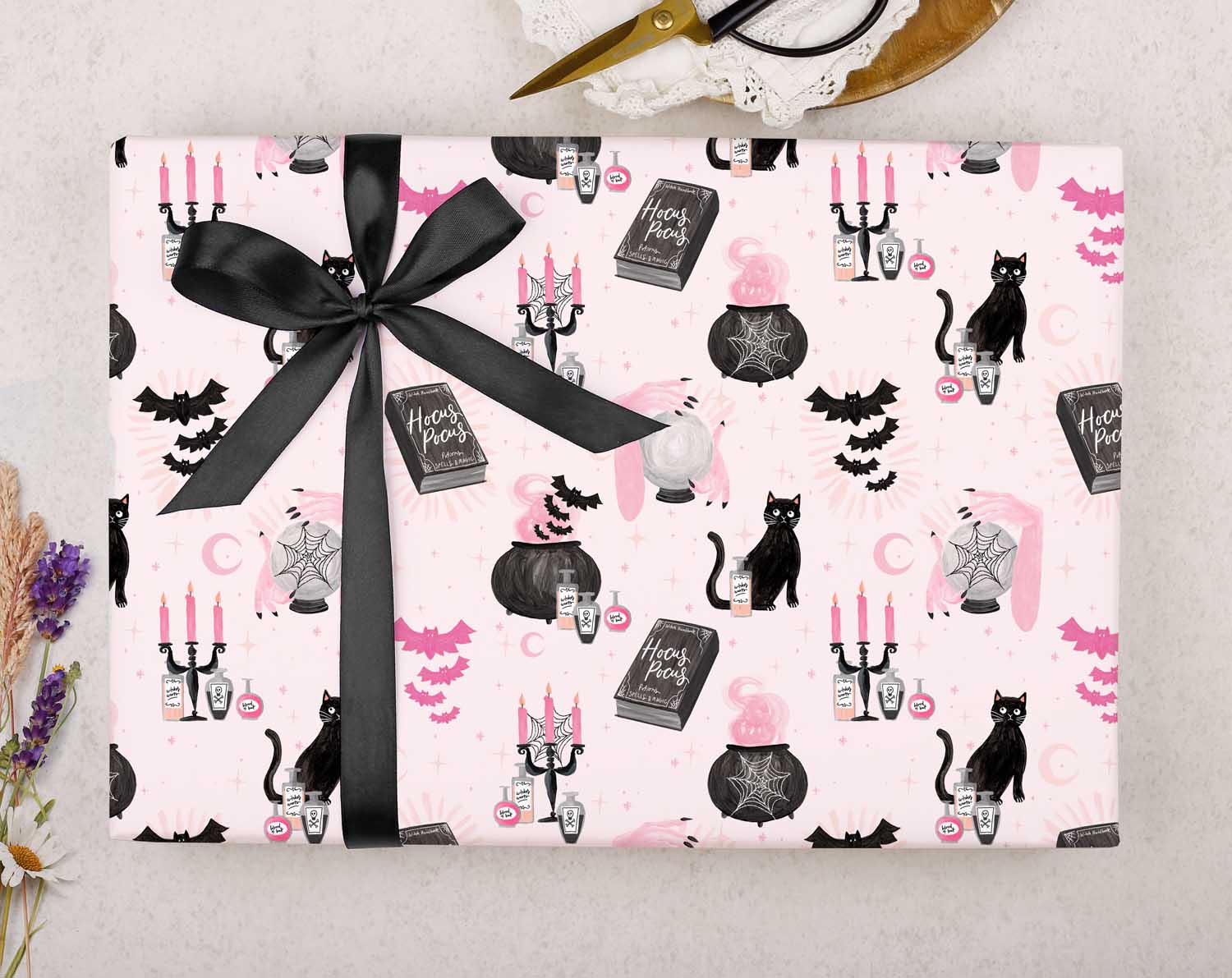 Pink Halloween Spell Wrapping Paper. Wrapping Paper designed by Making Meadows