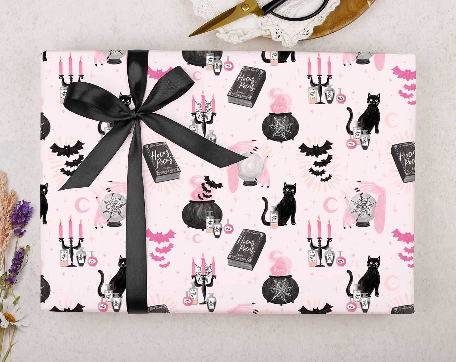 Pink Halloween Spell Wrapping Paper. Wrapping Paper designed by Making Meadows