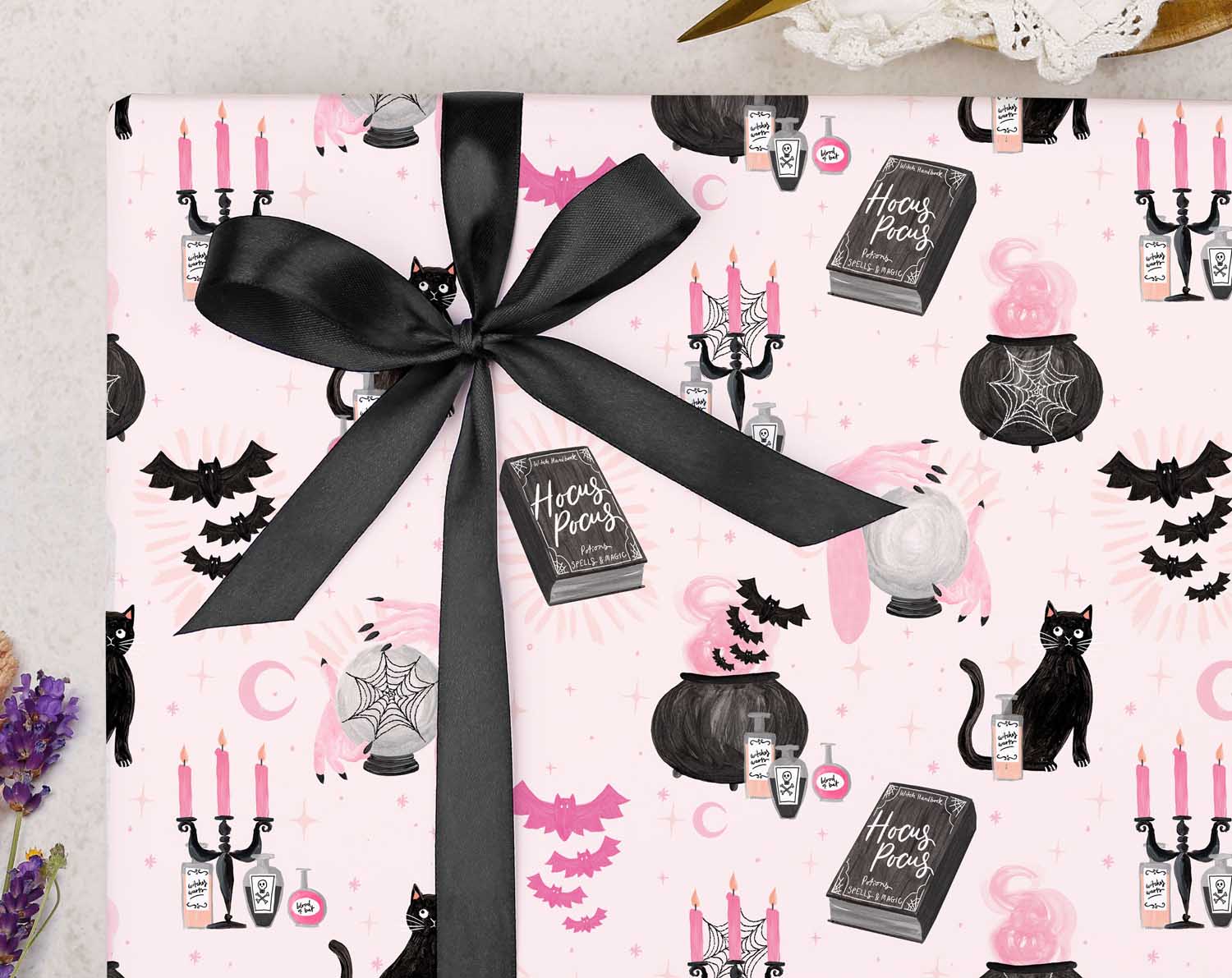 Pink Halloween Spell Wrapping Paper. Wrapping Paper designed by Making Meadows