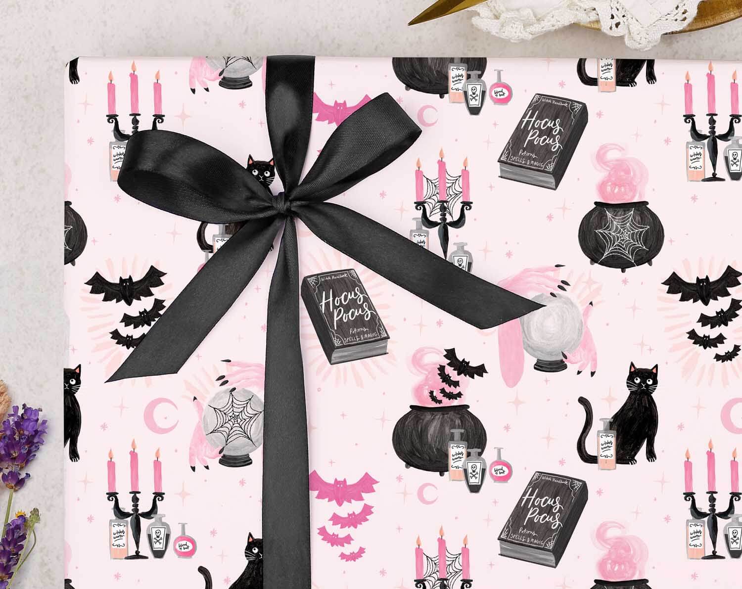Pink Halloween Spell Wrapping Paper. Wrapping Paper designed by Making Meadows
