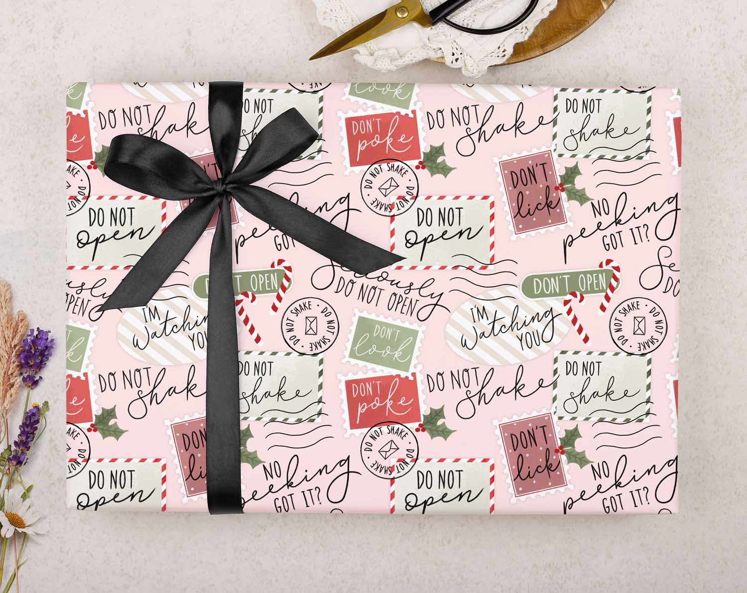 Pink 'No Peeking' Christmas Wrapping Paper. Wrapping Paper designed by Making Meadows