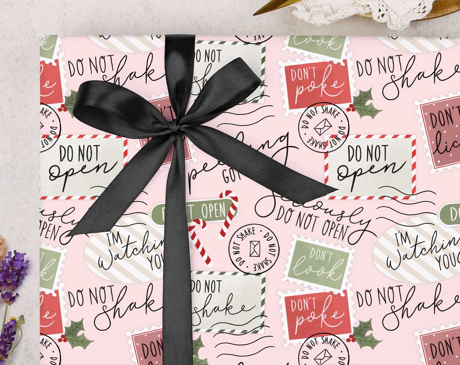 Pink 'No Peeking' Christmas Wrapping Paper. Wrapping Paper designed by Making Meadows