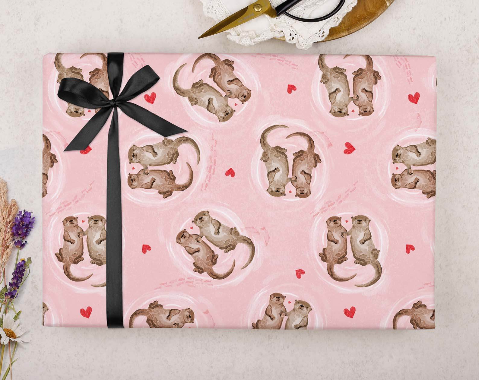 Pink Otter Valentine Wrapping Paper. Wrapping Paper designed by Making Meadows