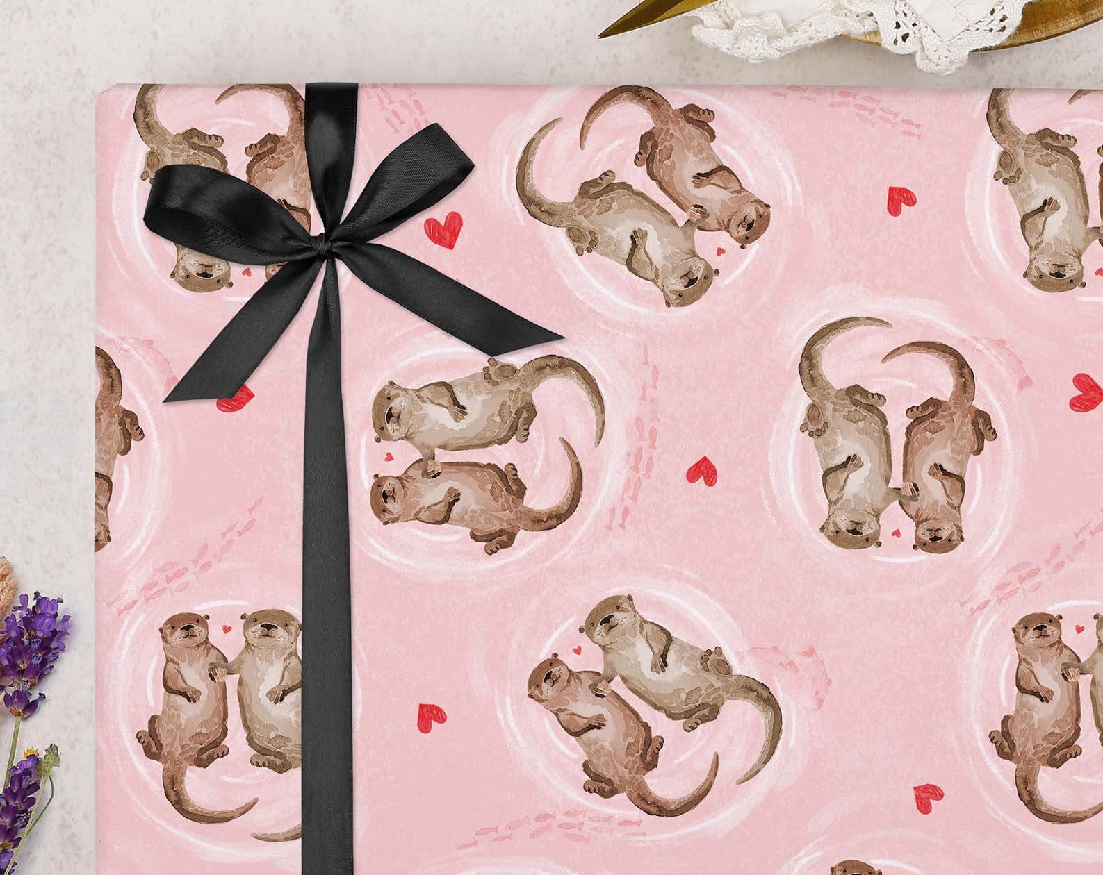 Pink Otter Valentine Wrapping Paper. Wrapping Paper designed by Making Meadows