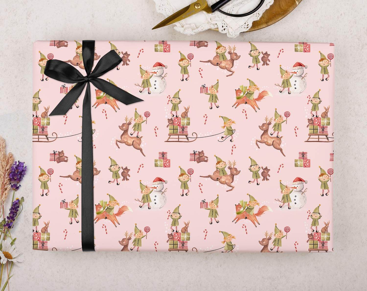Pink Santa's Elf Wrapping Paper. Wrapping Paper designed by Making Meadows