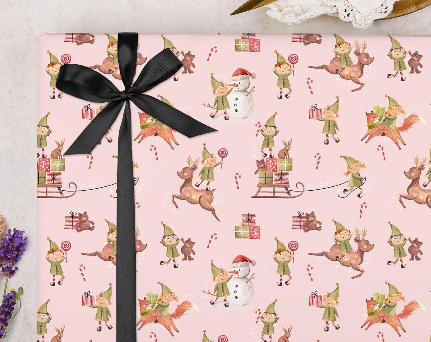 Pink Santa's Elf Wrapping Paper. Wrapping Paper designed by Making Meadows