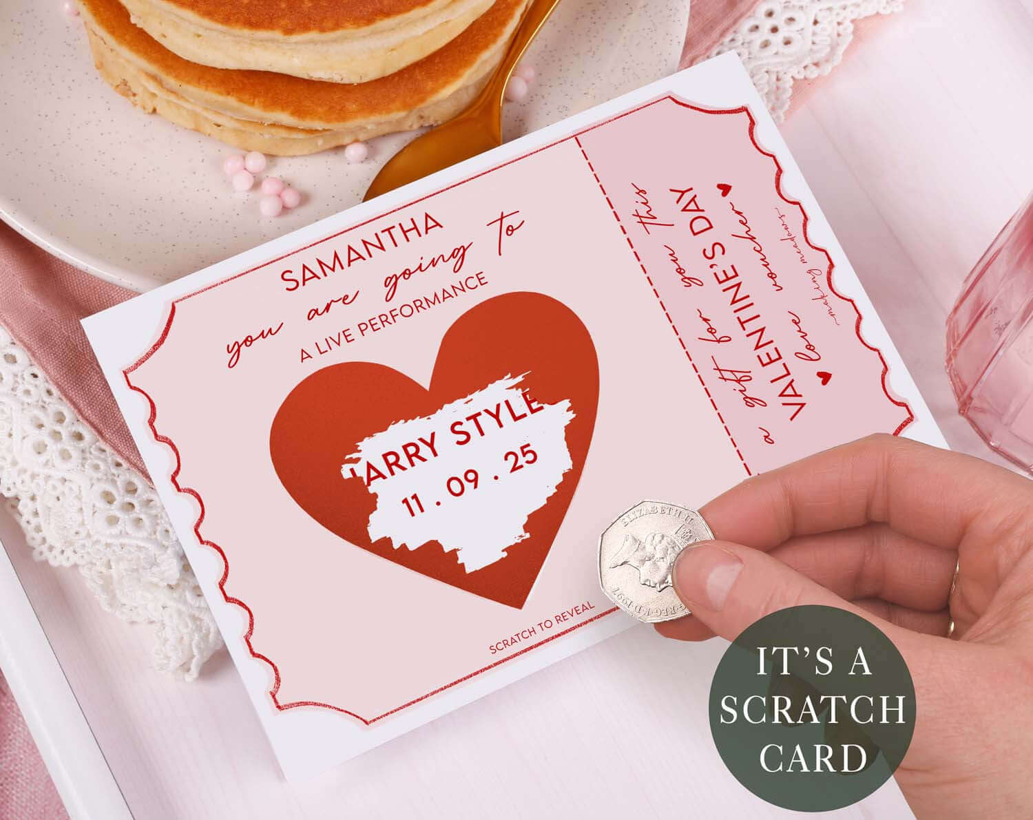 Pink Surprise Concert Gift Reveal Scratch Card. Greeting & Note Cards designed by Making Meadows