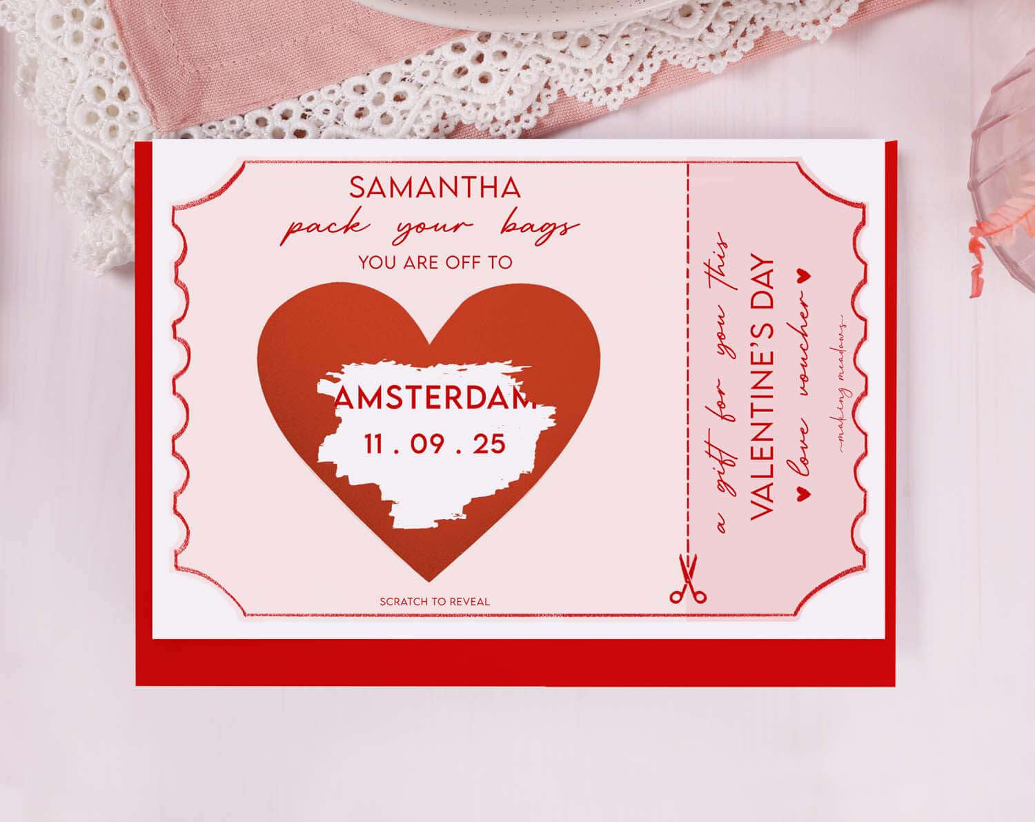 Pink Surprise Holiday Gift Reveal Scratch Card. Greeting & Note Cards designed by Making Meadows