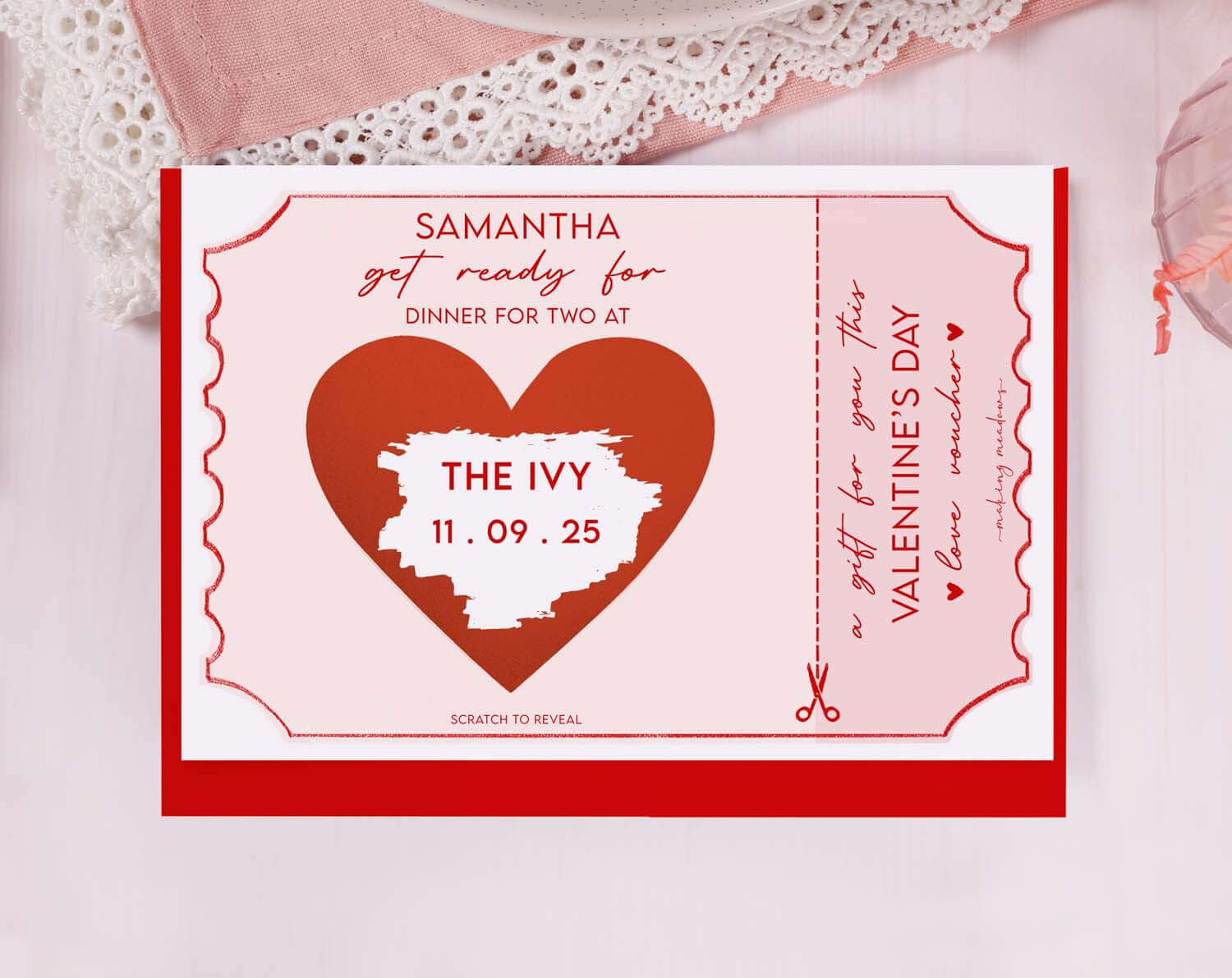 Pink Surprise Meal Gift Reveal Scratch Card. Greeting & Note Cards designed by Making Meadows