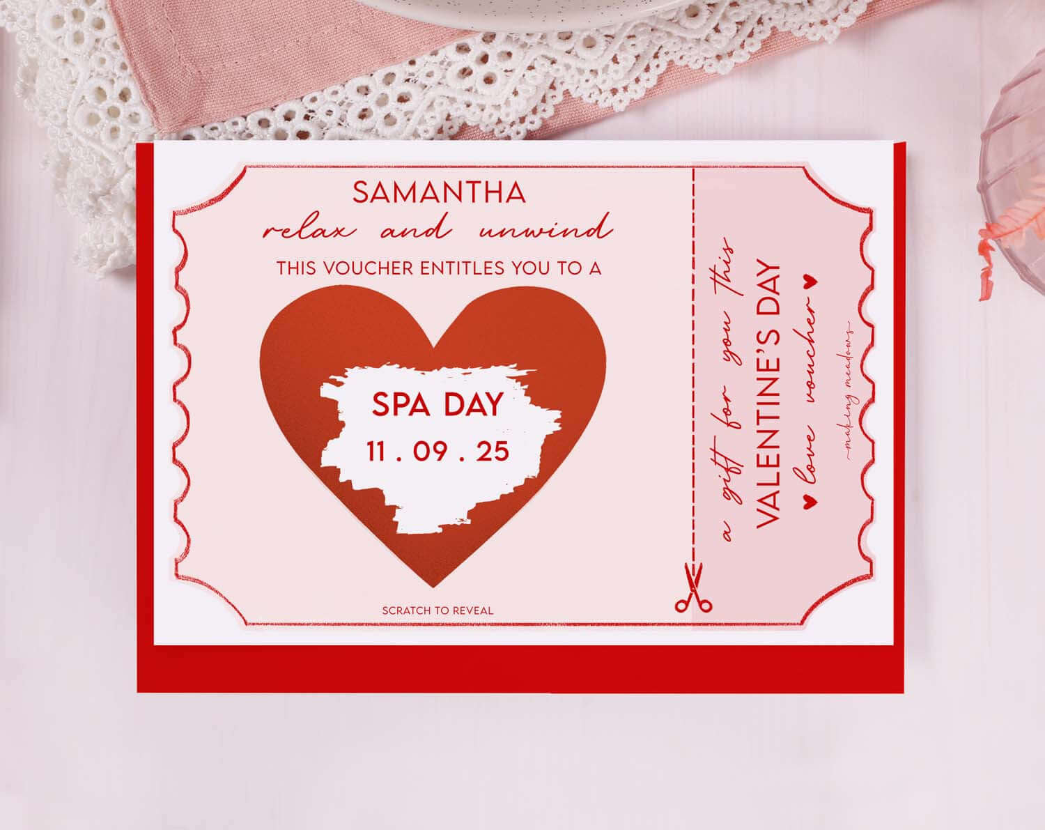 Pink Surprise Spa Gift Reveal Scratch Card. Greeting & Note Cards designed by Making Meadows