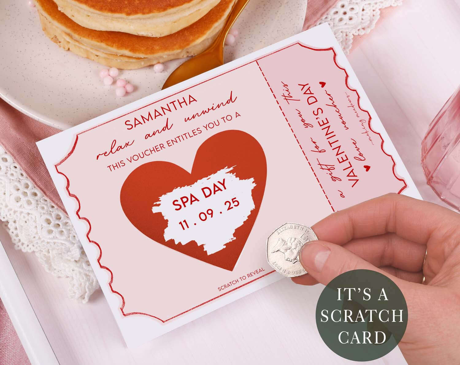 Pink Surprise Spa Gift Reveal Scratch Card. Greeting & Note Cards designed by Making Meadows