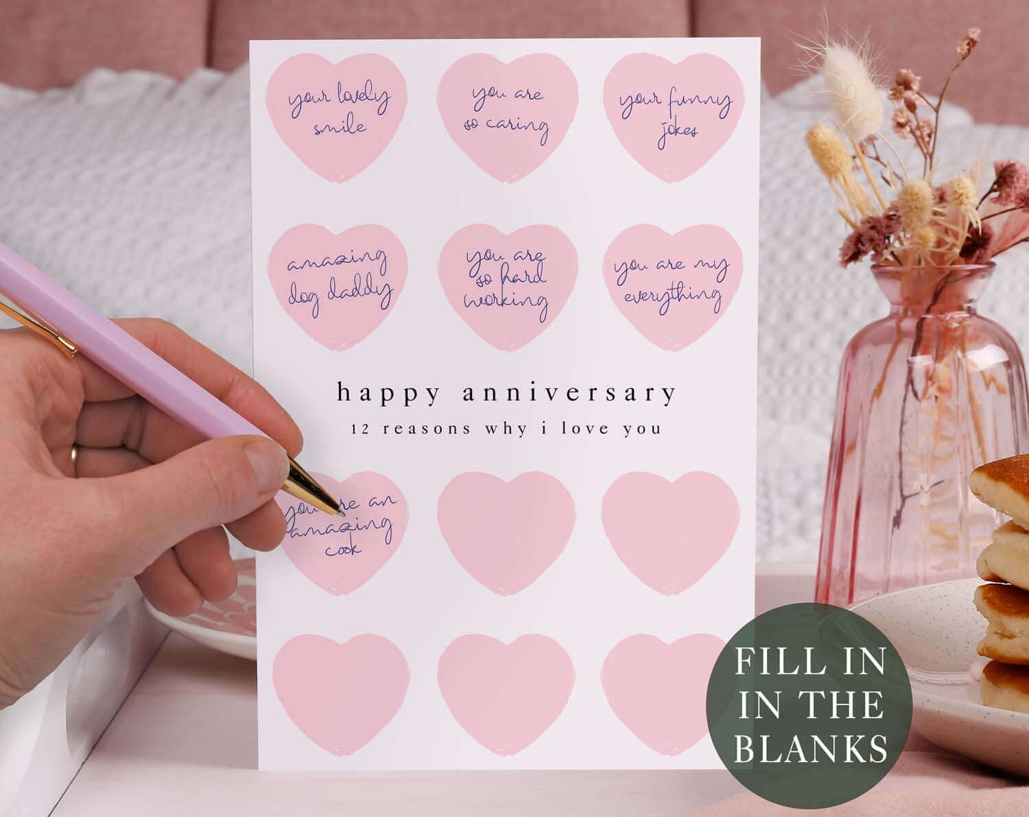 Pink 'Why I Love You' Fill In The Blanks Anniversary Card. Greeting & Note Cards designed by Making Meadows