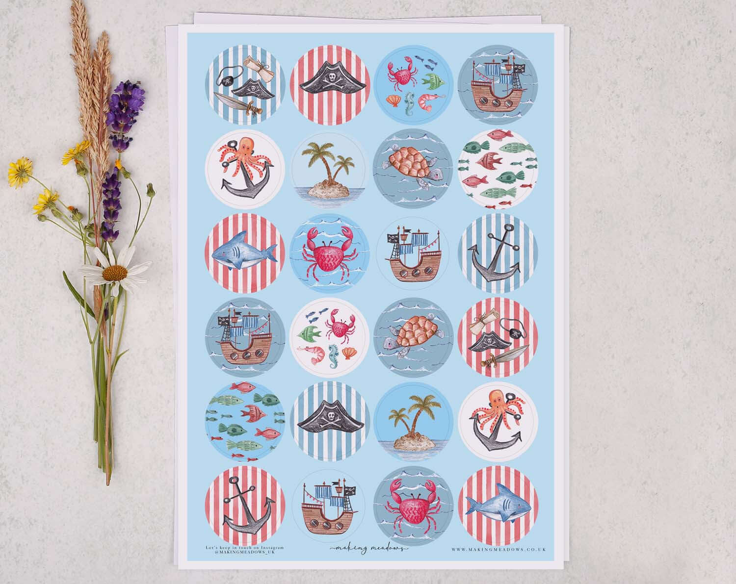Pirate A4 Sticker Sheet featuring colorful pirate-themed stickers including ships, crabs, and sea creatures.