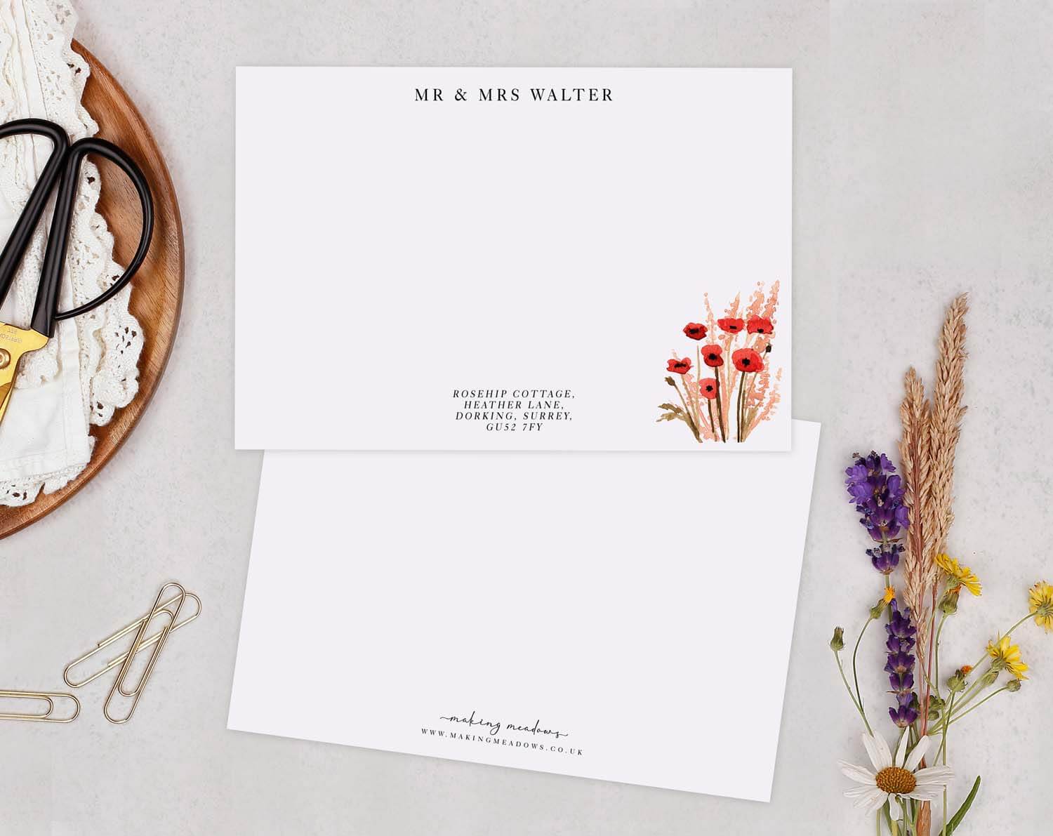 Poppy Personalised Note cards featuring bold red poppy illustrations on elegant stationery set.