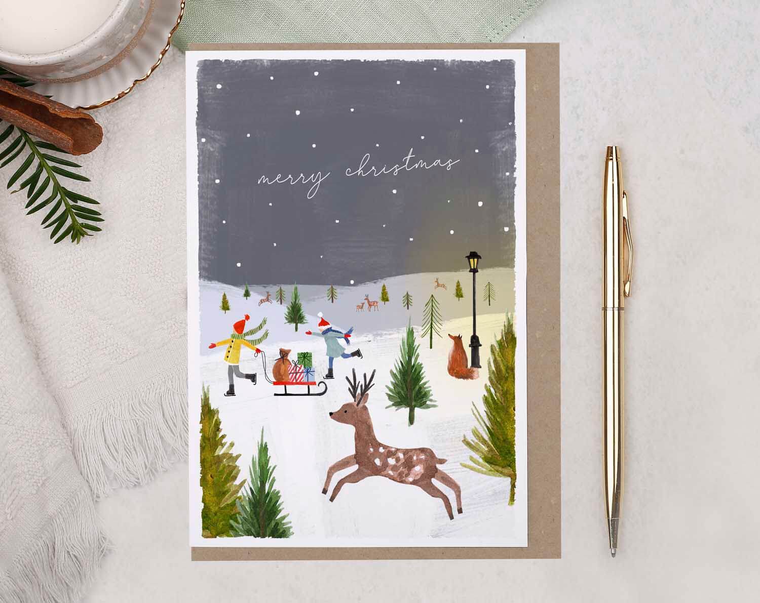 Prancing Deer Merry Christmas Card. Greeting & Note Cards designed by Making Meadows