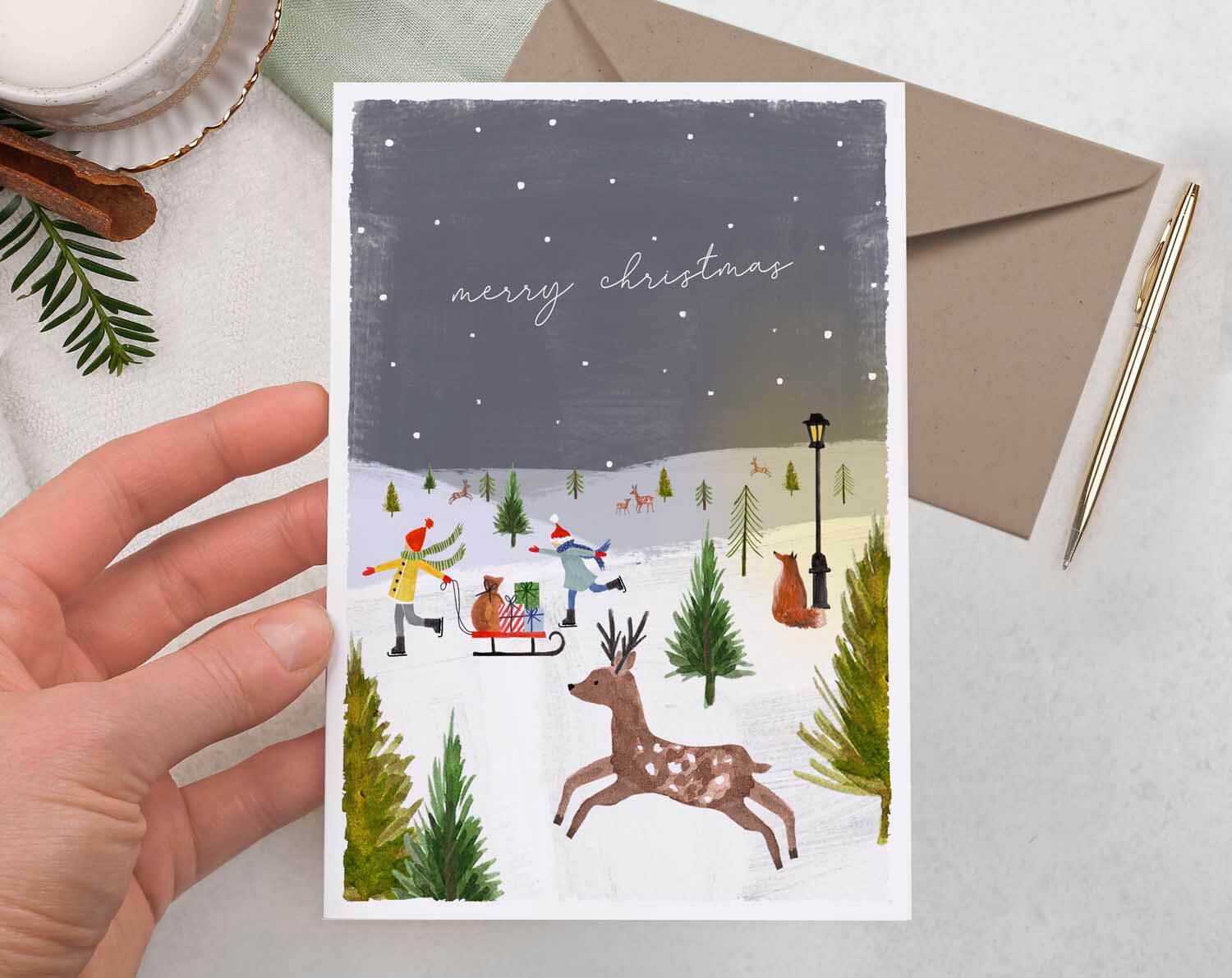 Prancing Deer Merry Christmas Card. Greeting & Note Cards designed by Making Meadows